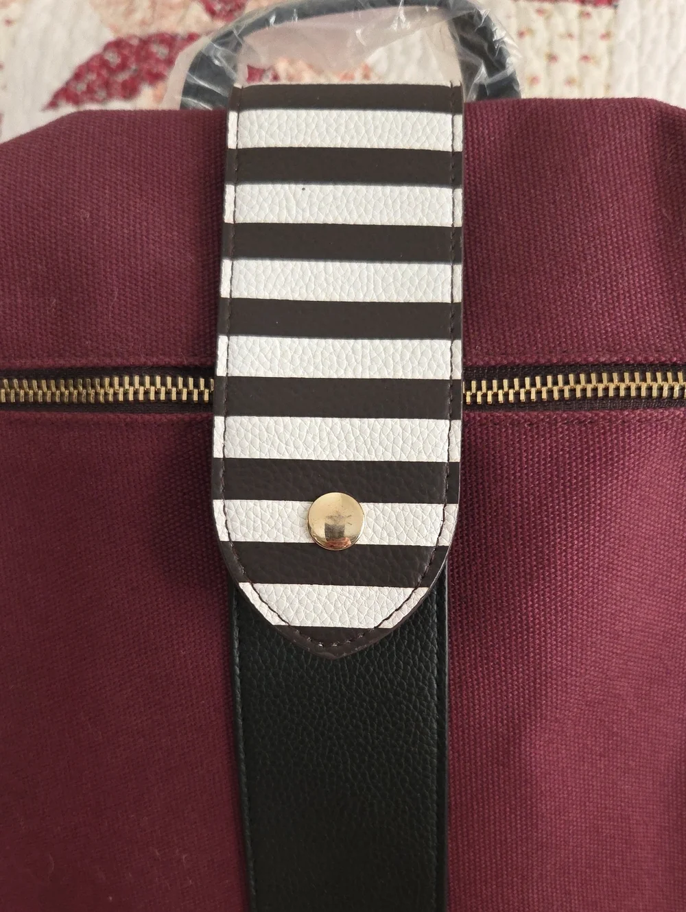 henri bendel Burgundy Canvas Backpack with Black Trim and Striped Strap